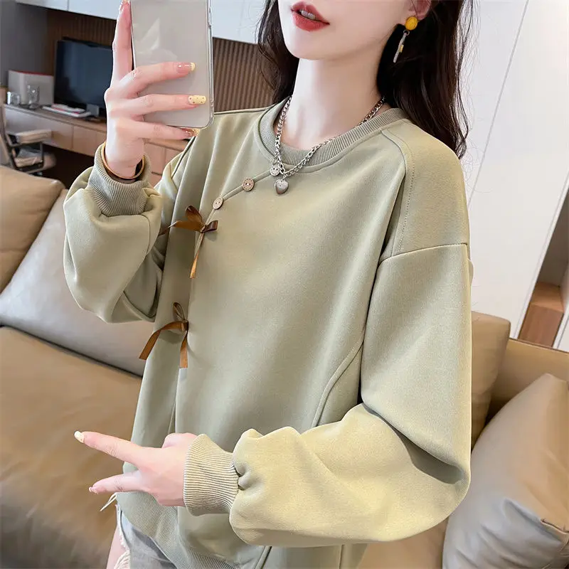 Women's New Round Neck Sweatshirt Loose Three-dimensional Bow Versatile Long-sleeved Top