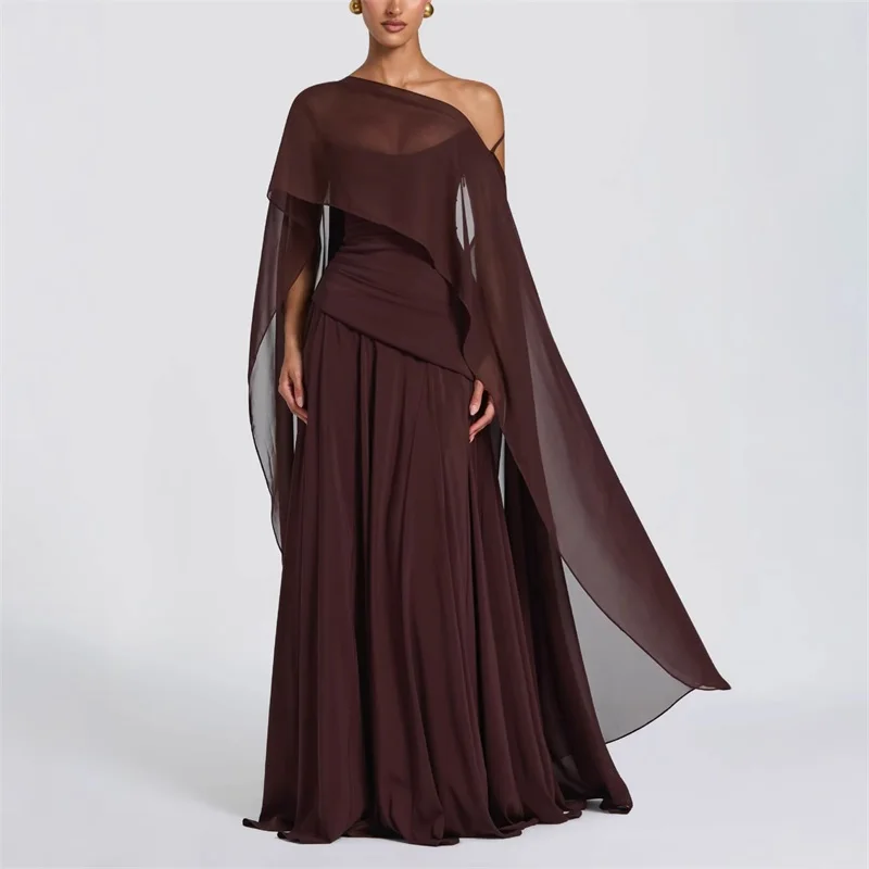Brown Wrap Cape Prom Dress Sexy Lace Up Back Full Sleeves Long Sheath Party Gown Casual Hot Girl Formal Wedding Birthday Robe view 3