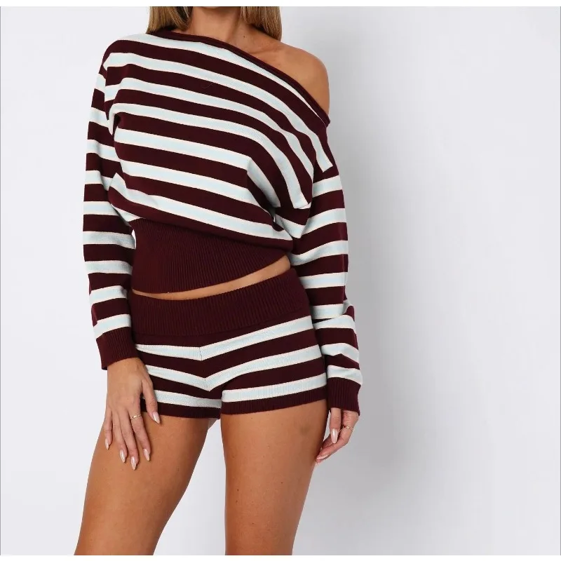 

2026 Spring and Autumn Women's Clothing Fashion Trend Street Style Striped Contrast Color Knitted Top Fold Waist Shorts Set