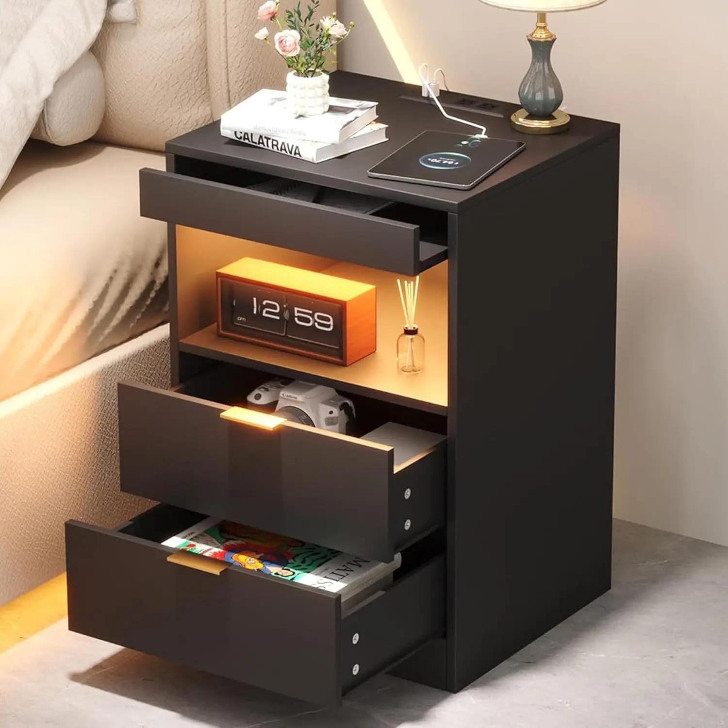 Night Stand Bedside Table LED Nightstand Modern Night Stand, Wood Sofa Couch End Side Table with 2 Pull-Out Shelf, Black