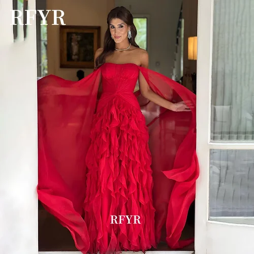 Imagen 2 del producto RFYR-vestido de fiesta con volantes, vestido de fiesta de gasa, vestido de noche de corte A, chal desmontable, vestido de Gala de celebridad personalizado