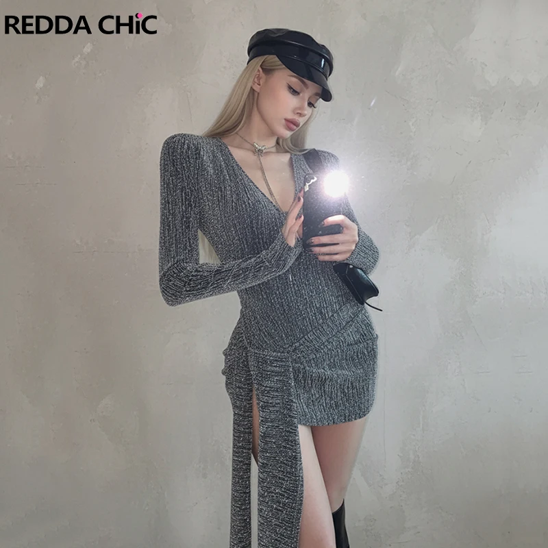 REDDACHiC Women Long Sleeve Bodysuit with Coverups Metallic Silver V-neck Stretch Top Bandage Wrap Skirt Y2k Festival Outfits