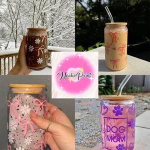 UV DTF Cup Wrap for 16oz water bottle, Cute Girly Cup, Pink Flowy Bows, Glass Tin, Beautiful Love Ribbons, Sticker Design, Libbey Beer 8 Main sales helmet ls2 pink - №2