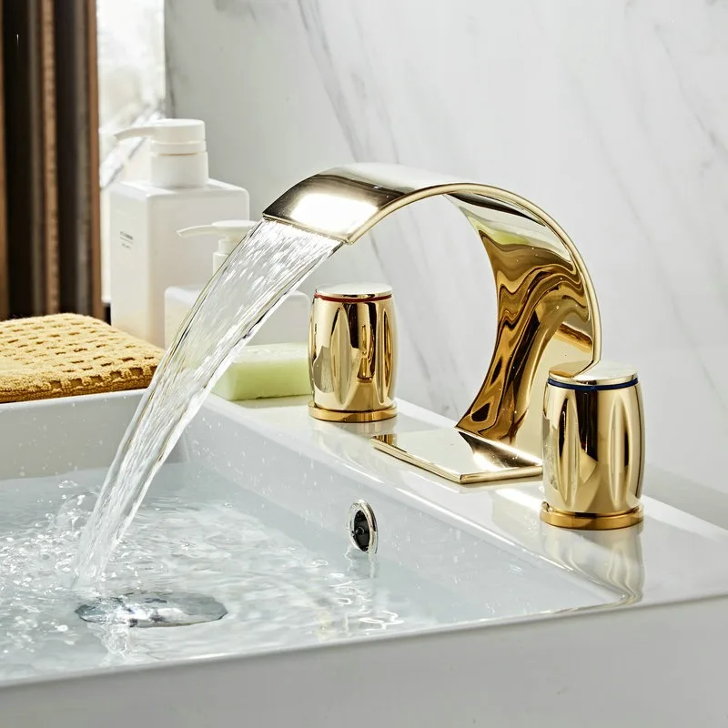 

Golden Waterfall Basin Faucet Brass Black Basin Faucet Sink Faucets 3 Hole Hot and Cold Waterfall Faucet Water Tap