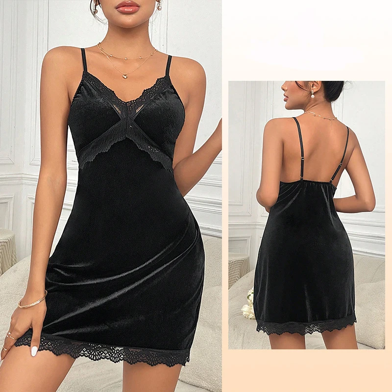 Women\'s Velvet Nightdress Sexy Deep V Nightgown Female Lace Patchwork Suspender Skirt Backless Adjustable shoulder strap Dress