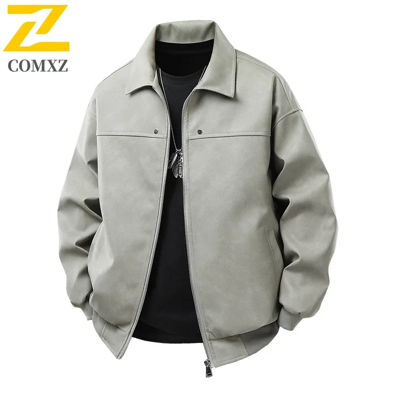 COMXZ الرجال بولي Leather سترة جلدية عادية الوقوف طوق التخييم يندبروف دراجة نارية معطف جلد المشي لمسافات طويلة خفيفة الوزن الخريف الملابس #4