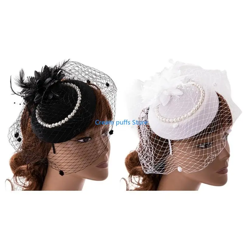 50LE Fascinator Women Fascinator Headband Tea Party Fascinator Derby Hat Cocktail Flower Fascinator Veil Mesh