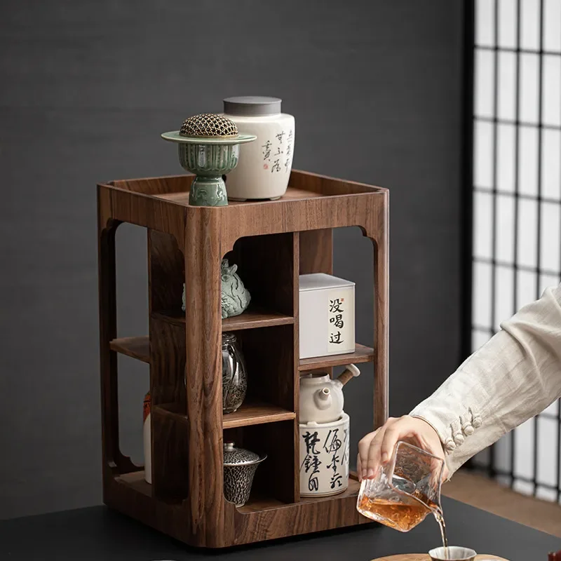 Rotating Walnut Solid Wood Tea Set Rack Small Desktop Storage Organizer for Teapot Cup Display Cabinet Home Decor Shelf Unit