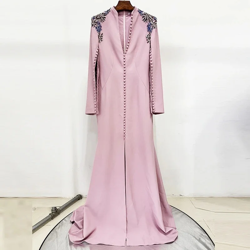 ชุดเดรสยาวประดับเพชรสำหรับผู้หญิง ดีไซน์เนอร์ออกแบบ แขนเสื้อแบบผ่าข้าง เหมาะสำหรับงานเลี้ยงกลางคืน งานแต่งงาน งานพรอม งานวันเกิด และงานครบรอบ