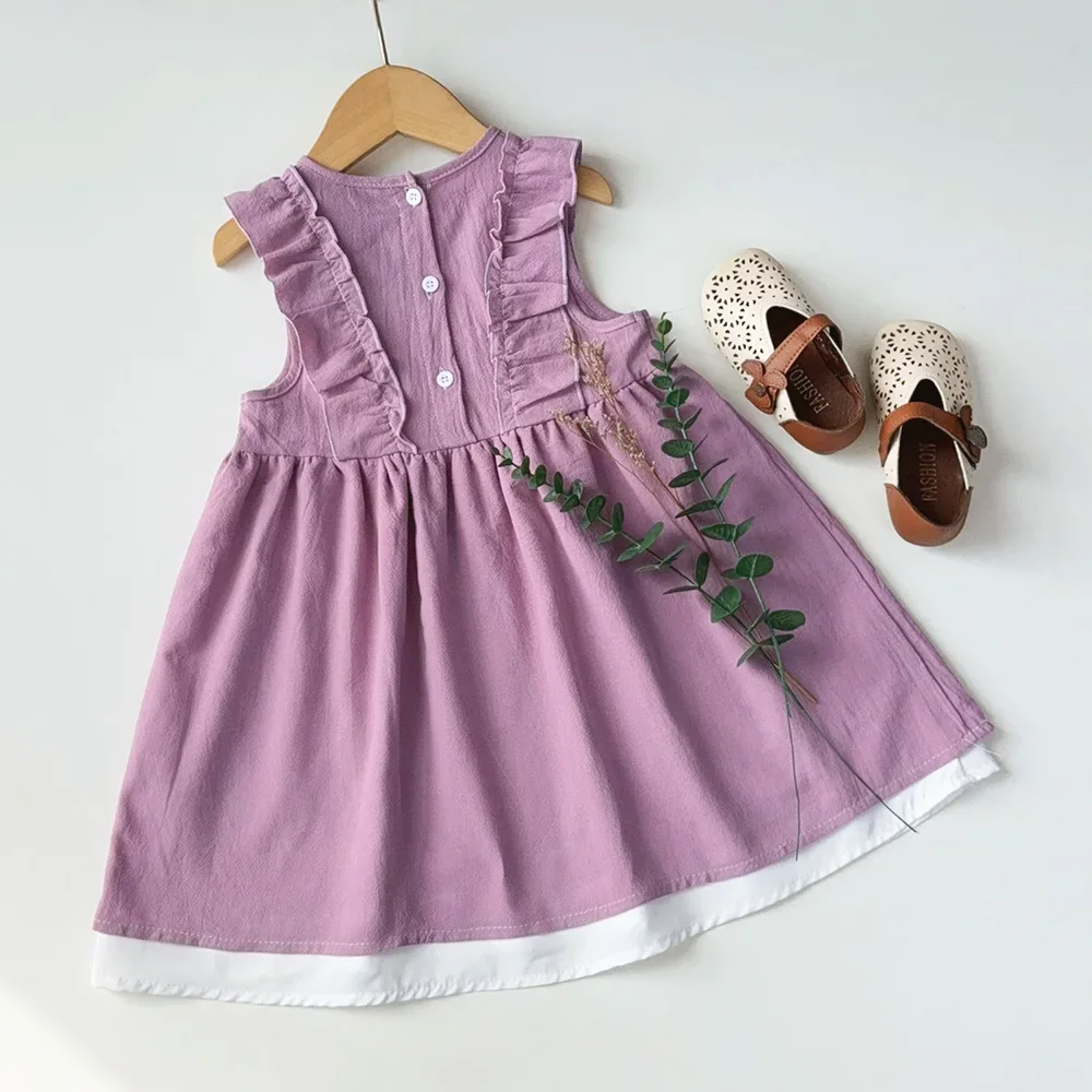 Summer Promotion Purple Countryside Style Lace Round Neck Sleeveless Vest Dress for Girls 3-7