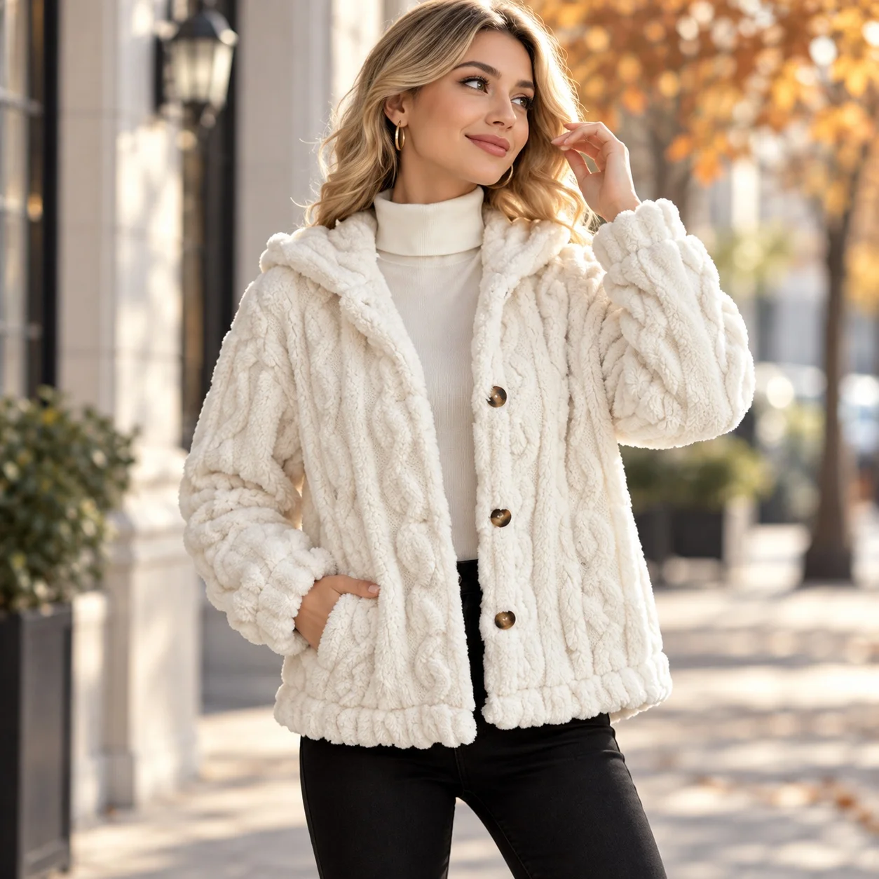 Thick Long Sleeve Top Regular Fit Graceful Commuter with Wrinkle Finish Winter Notched Collar Elegant Button Closure Women Coat