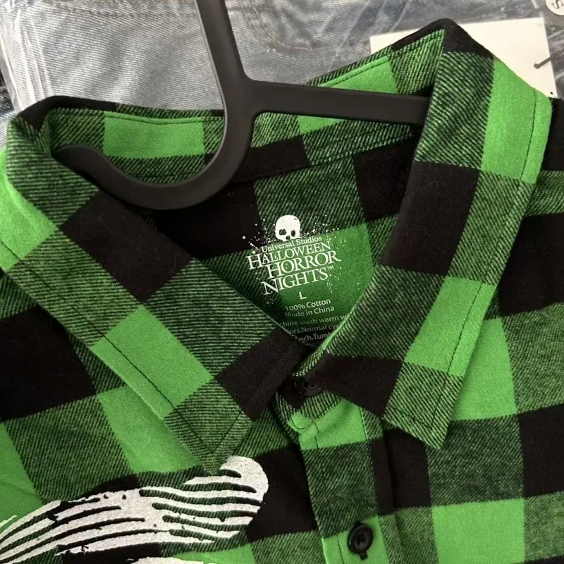 Goth green checkered graffiti versatile personality men long sleeve shirt American Harajuku fashion pullover loose couple top