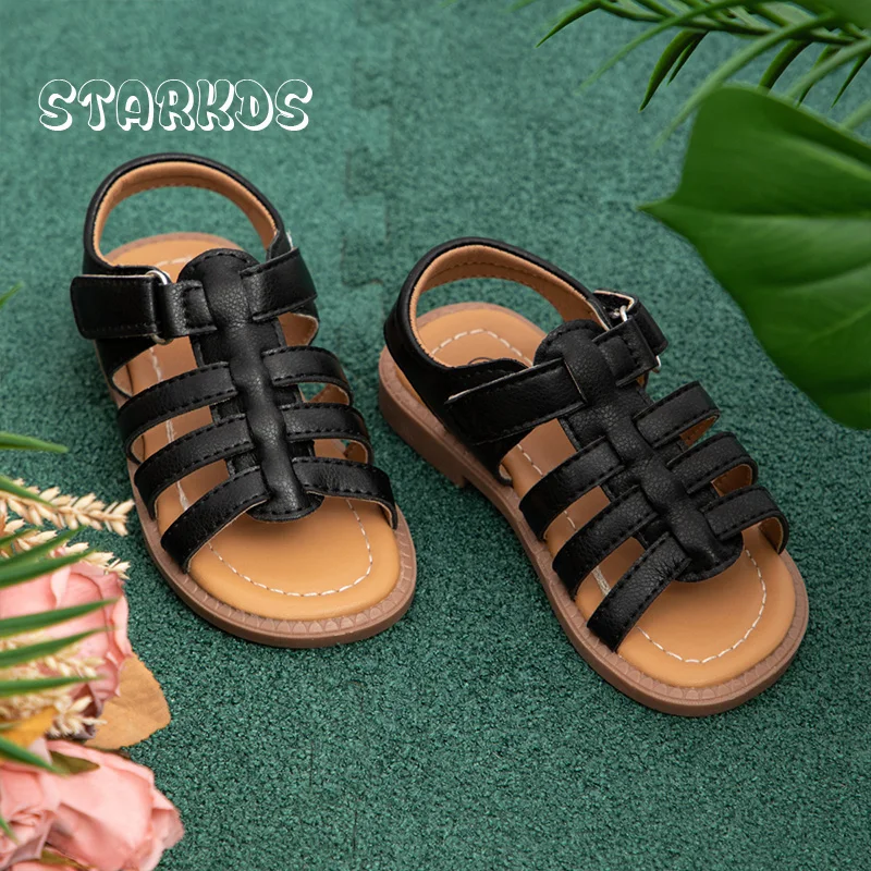 Eleganckie sandały na pasku dla dziewczynek, płaskie, z klamrą, skórzane gladiatorki letnie dla niemowląt i dzieci, w kolorze czerwono-białym.