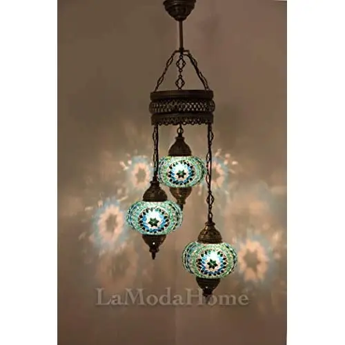 LaModaHome 35 + Unique Colors, 2020 Customizable Chandelier 3 Globes + Free 3 Bulbs, stunning Mosaic Turkish Lamp Moroccan Light