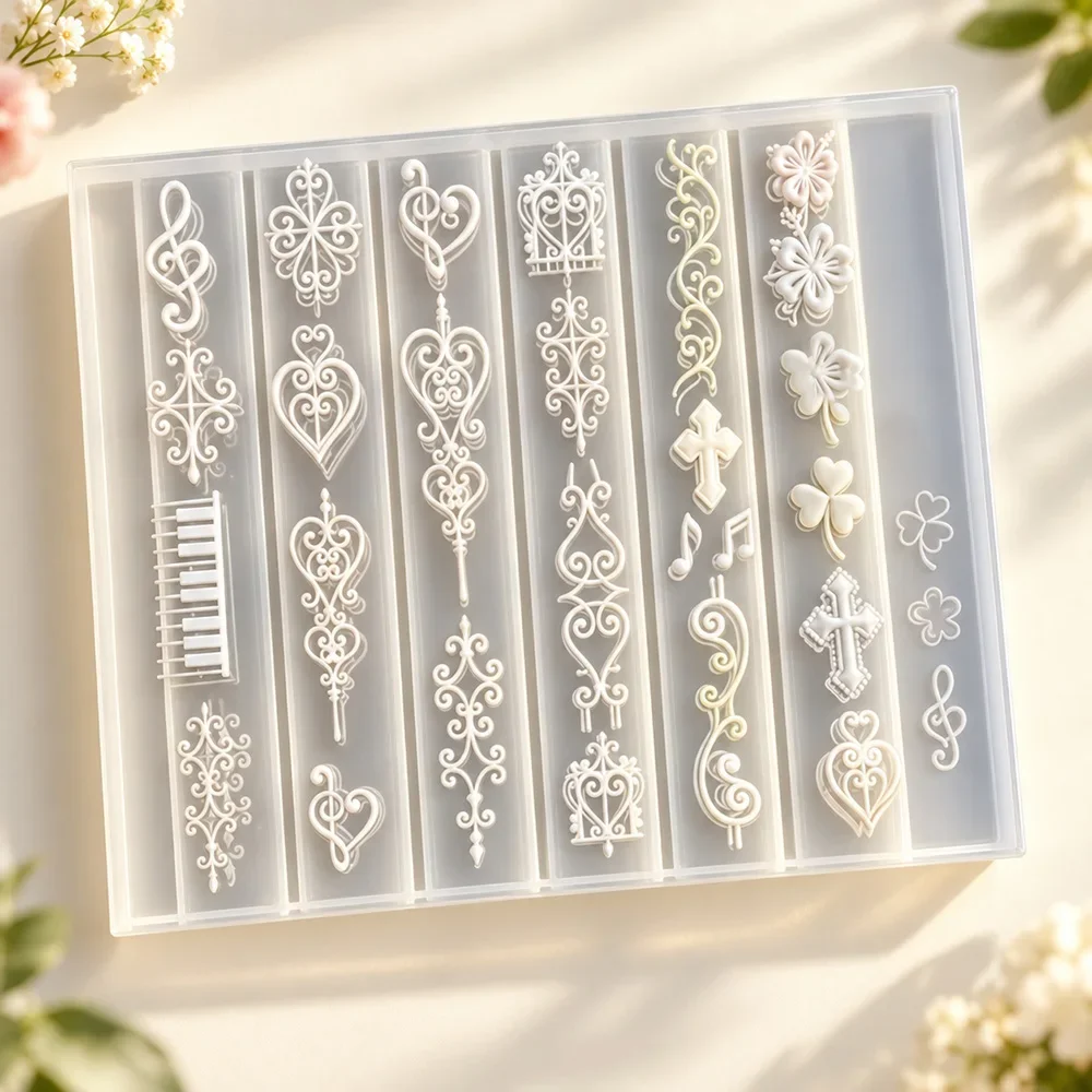 Vintage Window Lattice Nail Silicone Stamping Mold Vine Cross Piano Key Y2K 3D Embossed Nail Charms Template Resin Making Tools