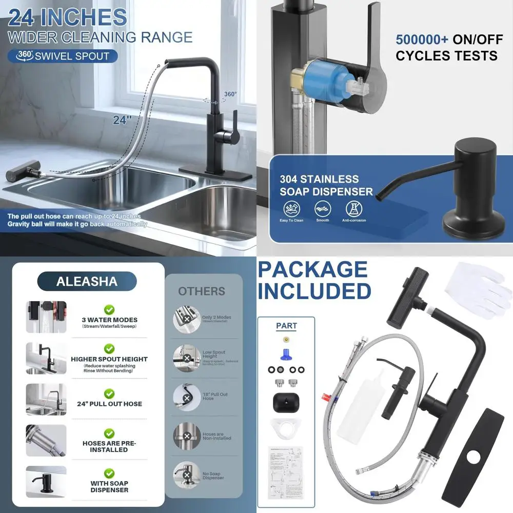

Modern Matte Black Single Hole Pull-Out Faucet with 360° Swivel, 3-Mode Spray and Soap Dispenser for Kitchen Sink