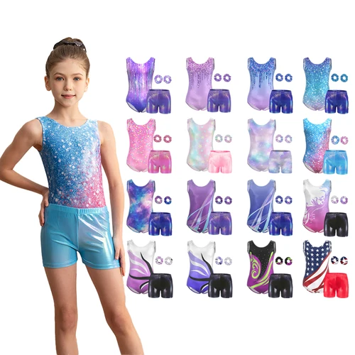 Leotardo de gimnasia para niñas, leotardo de baile de 4 piezas brillante para niños, trajes deportivos para niños pequeños