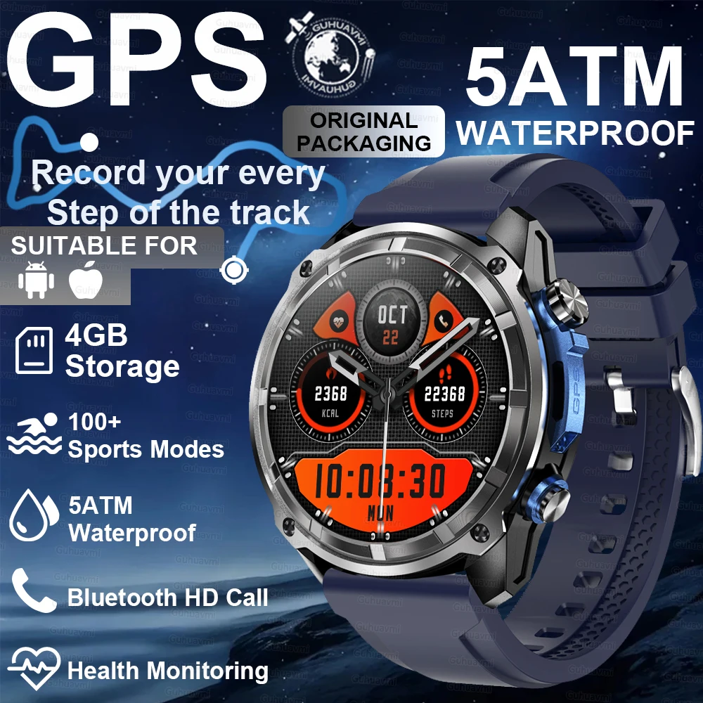

Built in GPS position Smart Watch 4GB local storage 5ATM Waterproof 860mAh Corning Gorilla Glass BT Call 100+Sports Smart Watch