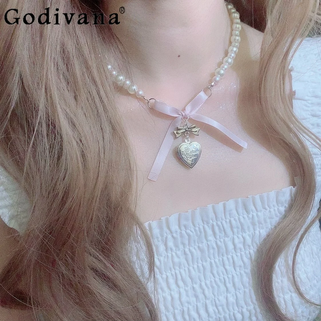 

Japanese Original Sweet Bow Pearl Heart Pendant Necklace 2024 Summer New Fashion Elegant Necklace Women Lolita Y2k Necklace