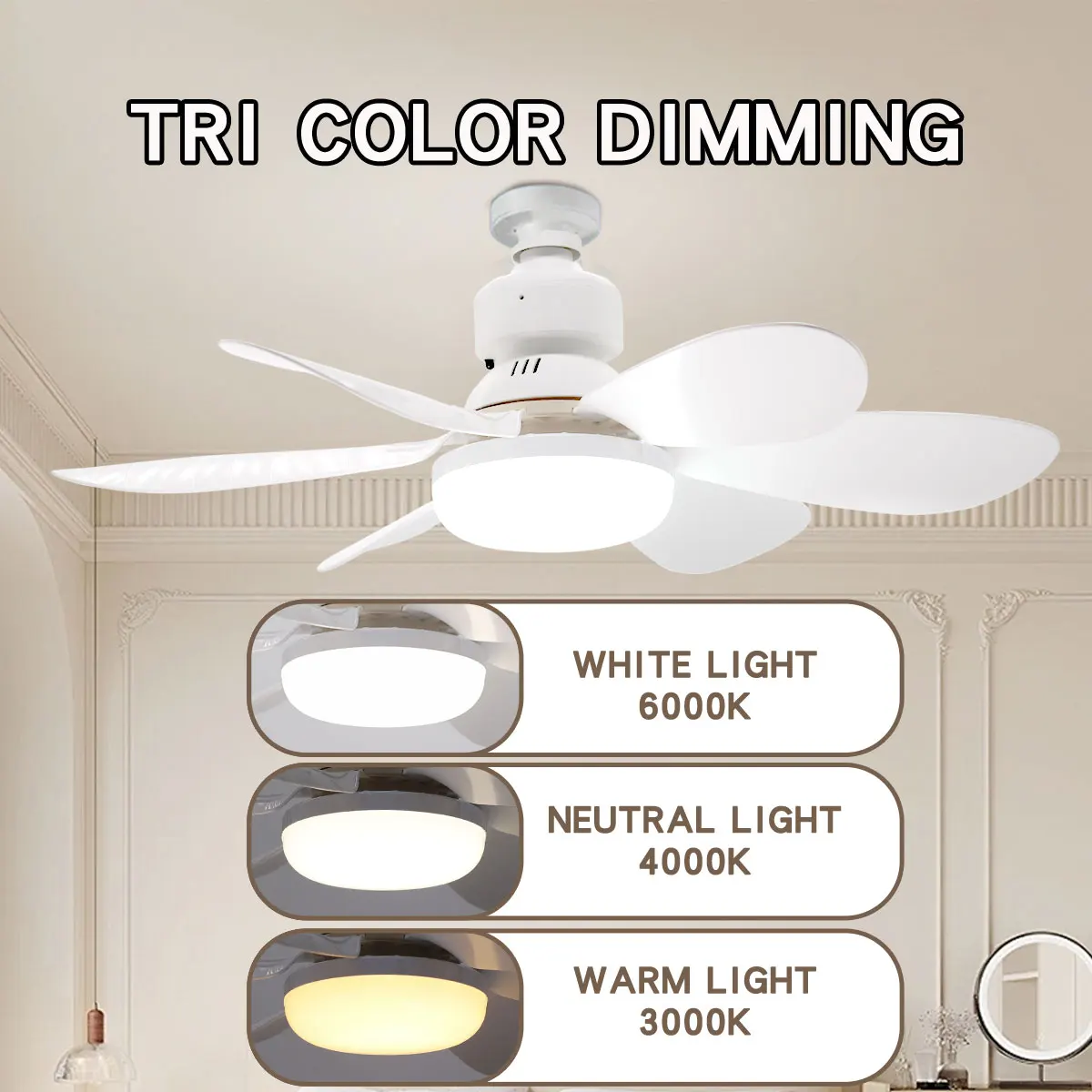 6 Blade Ceiling Fan with LED Light E27 Bulb Socket Remote Control Adjustable Brightness 3 CCT 3 Speeds Timer Fan Lamp 30W 40W