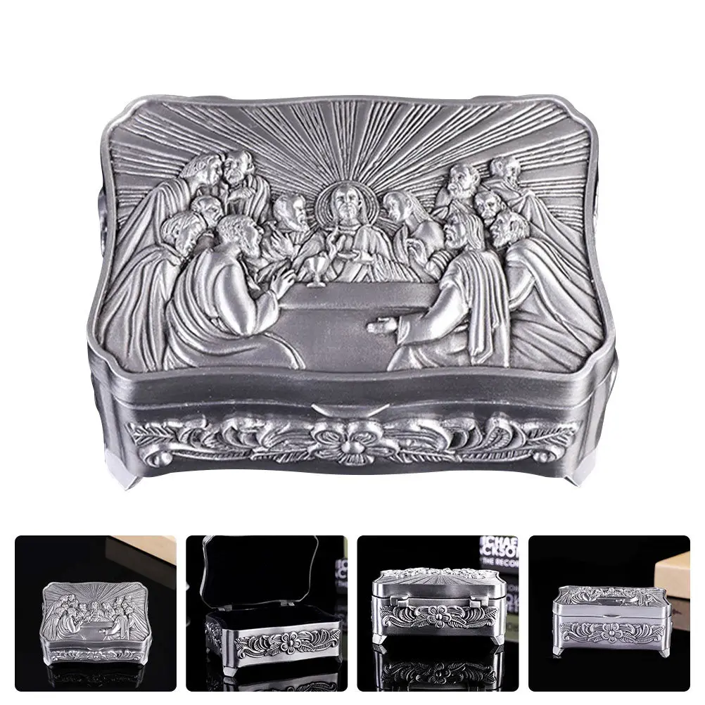 

Metal Jewelry Box European Retro Christian Small Zinc Alloy Jewelry Storage Case Desktop Organizer Dustproof Gift for Women