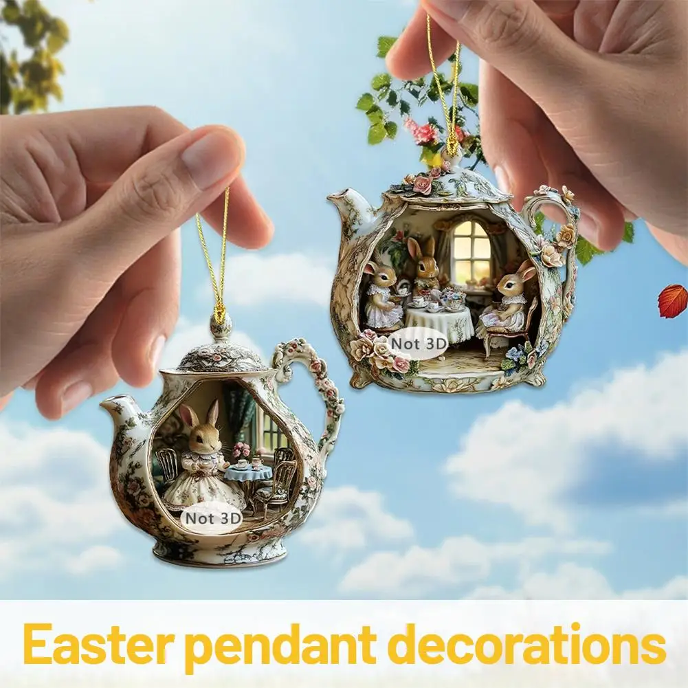 Exquisite 2D Acrylic Rabbit in Teacup Pendant Flat Bag Pendant Charms Rabbit Car Pendant Christmas Tree Ornament New Year Gift