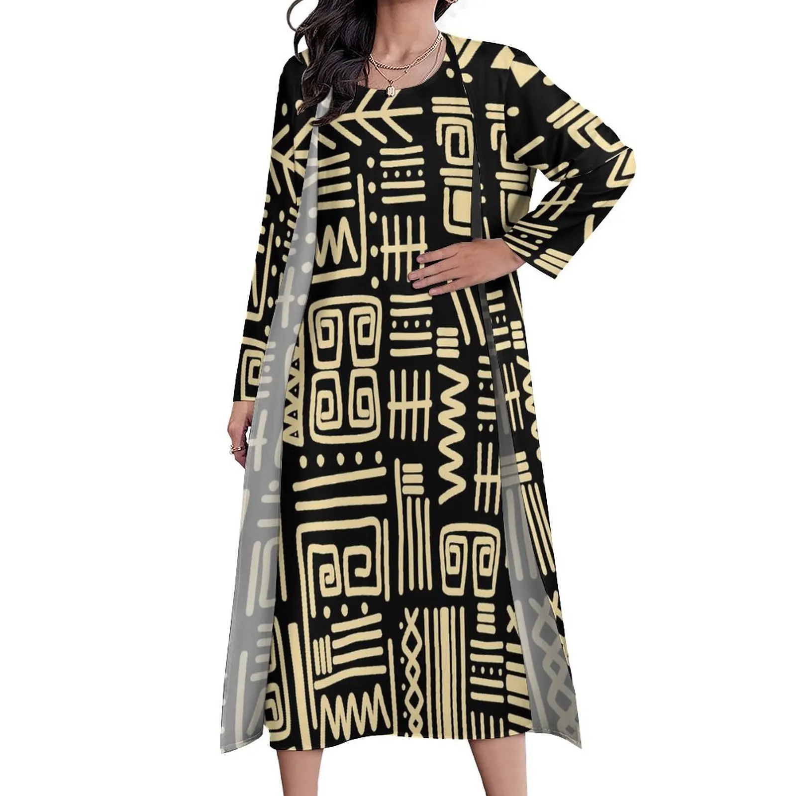 

Black Colored Ethnic Dress Abstract Graffiti Print Maxi Dress Two Piece Casual Long Dresses Street Style Oversized Vestidos