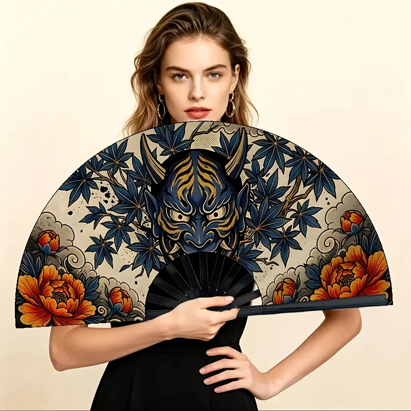 Japanese Prajna Tiger Pattern Mask Women's Printed Folding Fan, Maple Leaf And Peony Ukiyo-Painting Handheld Fan, Portable Handheld Fan, Suitable for Outdoor Activities, Parties, Gatherings, Summer Cooling Fan.