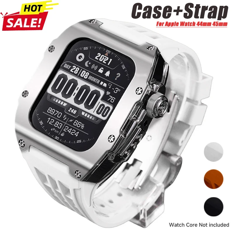 Modification Kit for Apple Watch 44mm 45mm Fluororubber Strap/Rubber Band Folding/Pin Buckle for IWatch Series 9 8 7 6 5 4 Refit