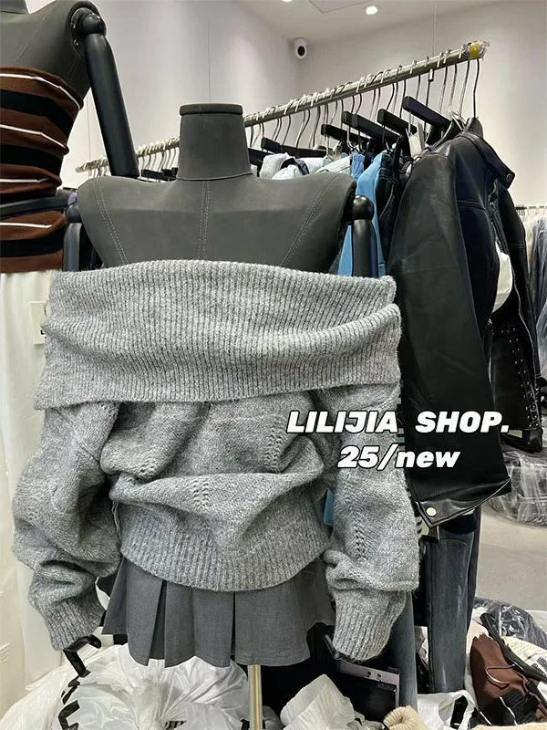 Ladies' Fashionable Korean Style Long Sleeve Knitted Sweater Shoulder Bared Loose Warm Lazy Style Autumn New Arrival Slimming...