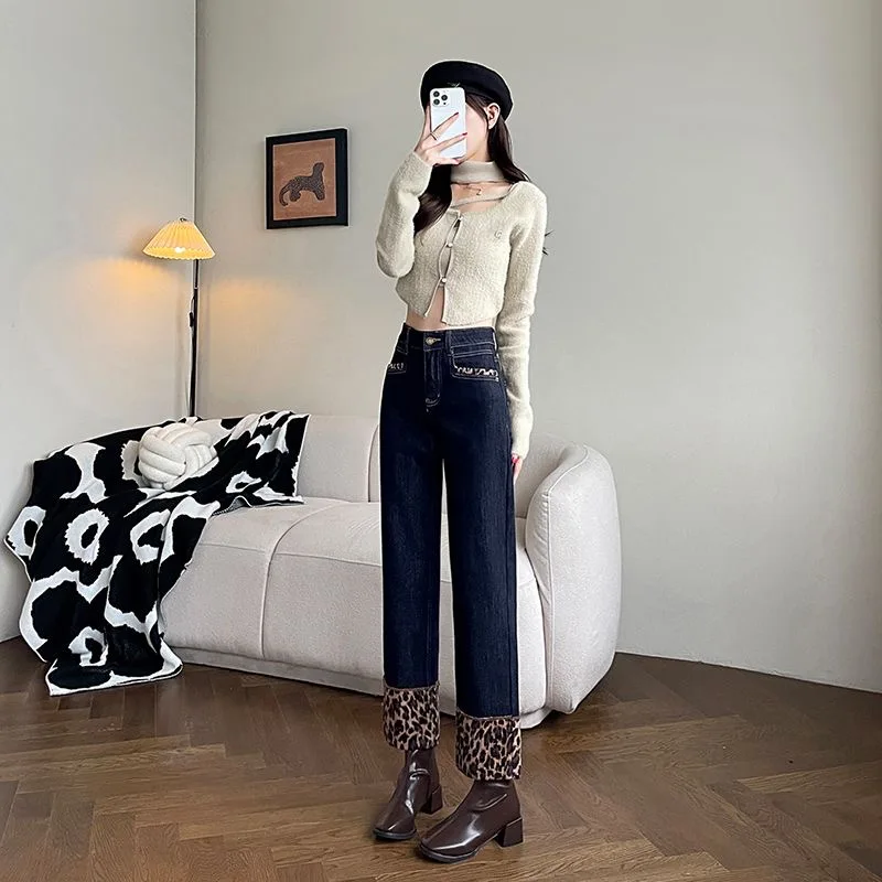 Korea Leopard Plüsch Samt Gefüttert Gerade Jeans Hohe Taille Baggy Vintage Streetwear Vaqueros Winter Neue Casual Frauen Denim Hosen