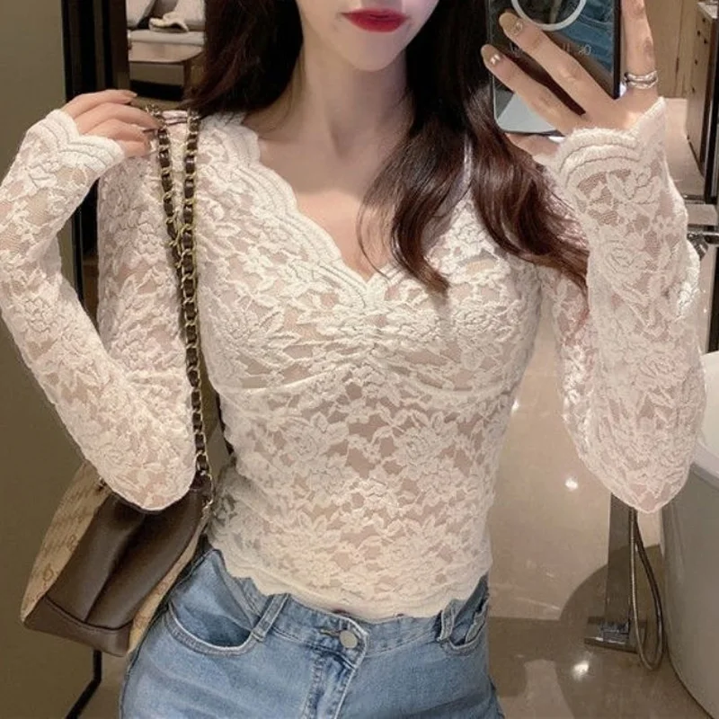 2023 New Spring and Autumn Fashion Western Style Slim Fit Sexy V-neck Mesh Hollow Solid Color Versatile Women\'s T-shirt