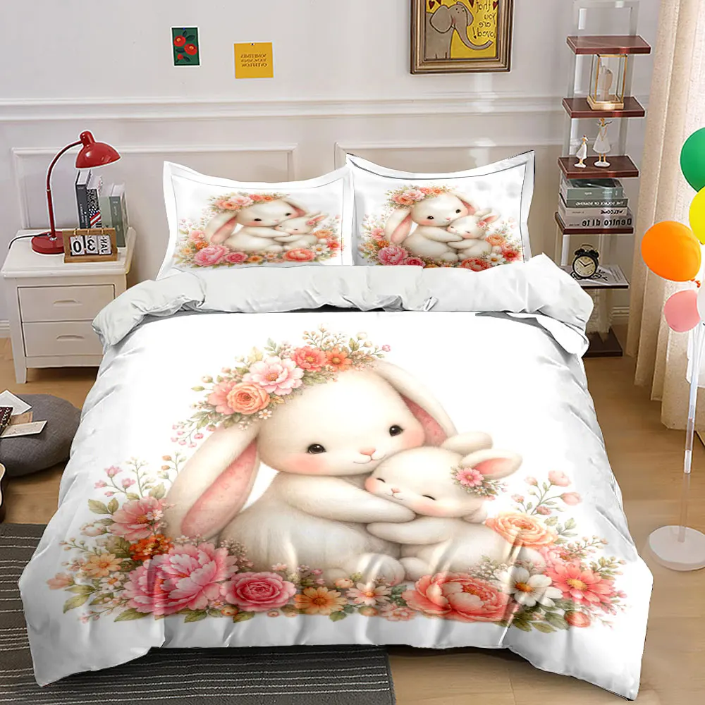 Adorable bunnies cuddling with floral wreath Print Bedding Set 1 Duvet Cover 2 Pillowcases for Adult and Children Luxury Gift
