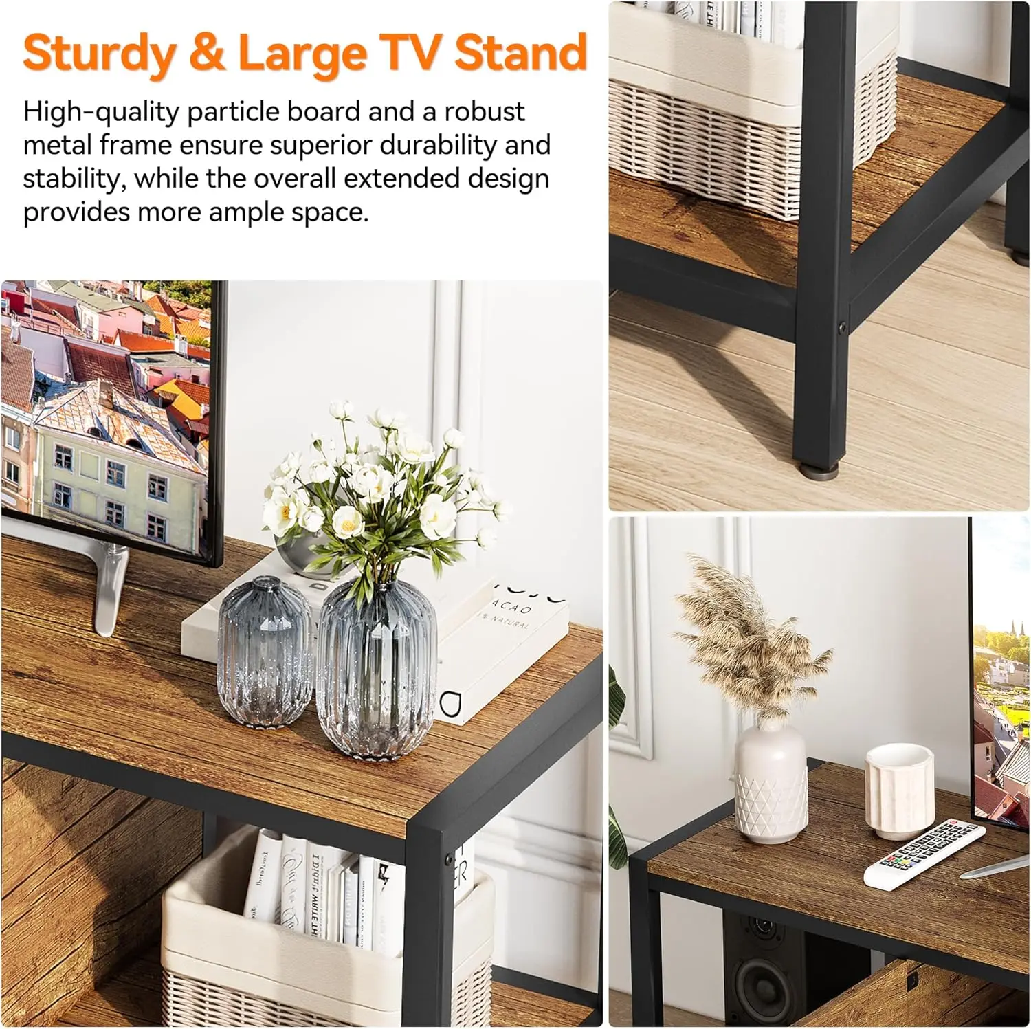 TV Stand for TV up to 75 Inches, Large TV Console Table with 2 Closed Storage Spaces and Open Compartments Entertainment Center