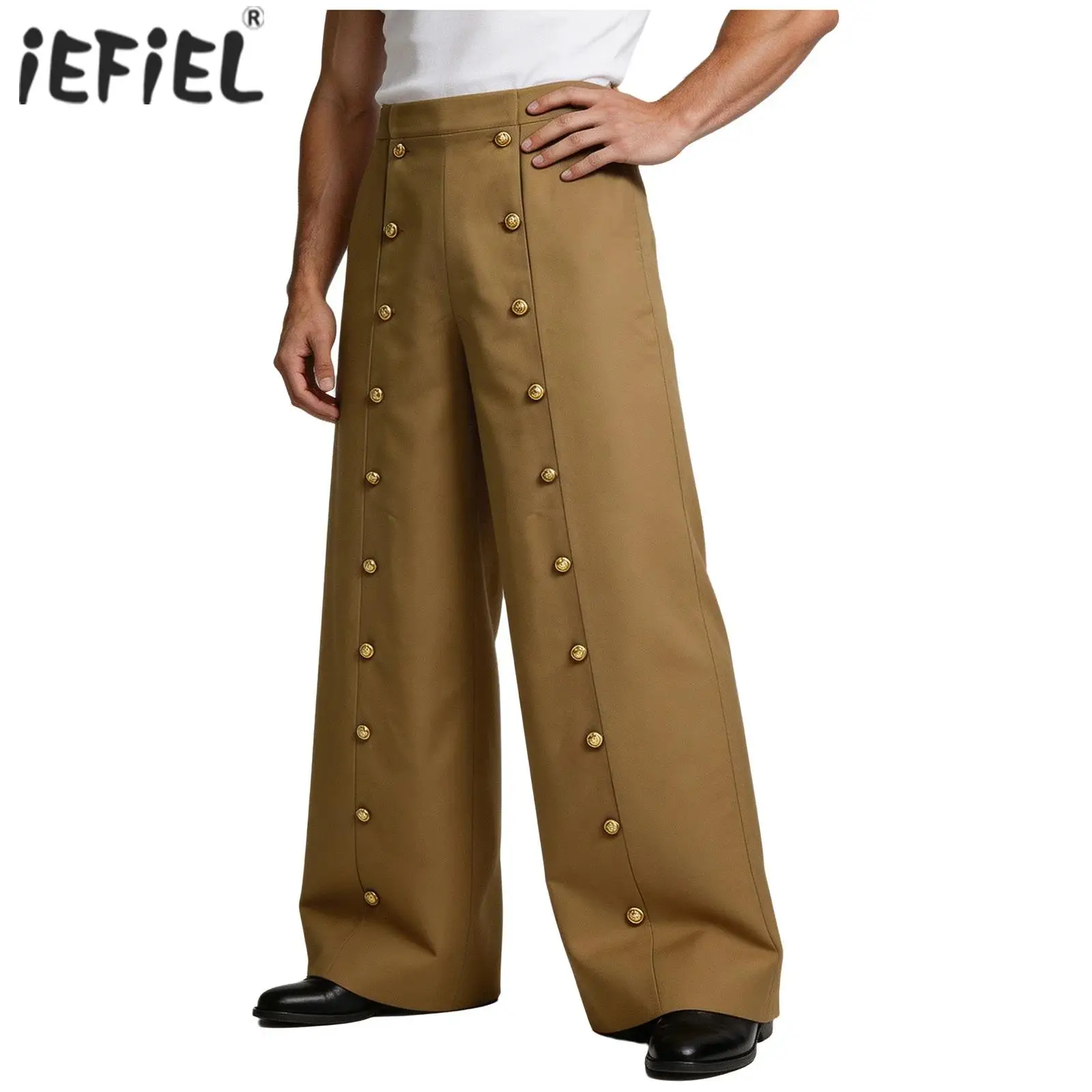 Mens Baggy Cargo Pants High Waist Button Front Wide-leg Trousers High Waist Double Rows Pants for Renaissance Fair Daily Life