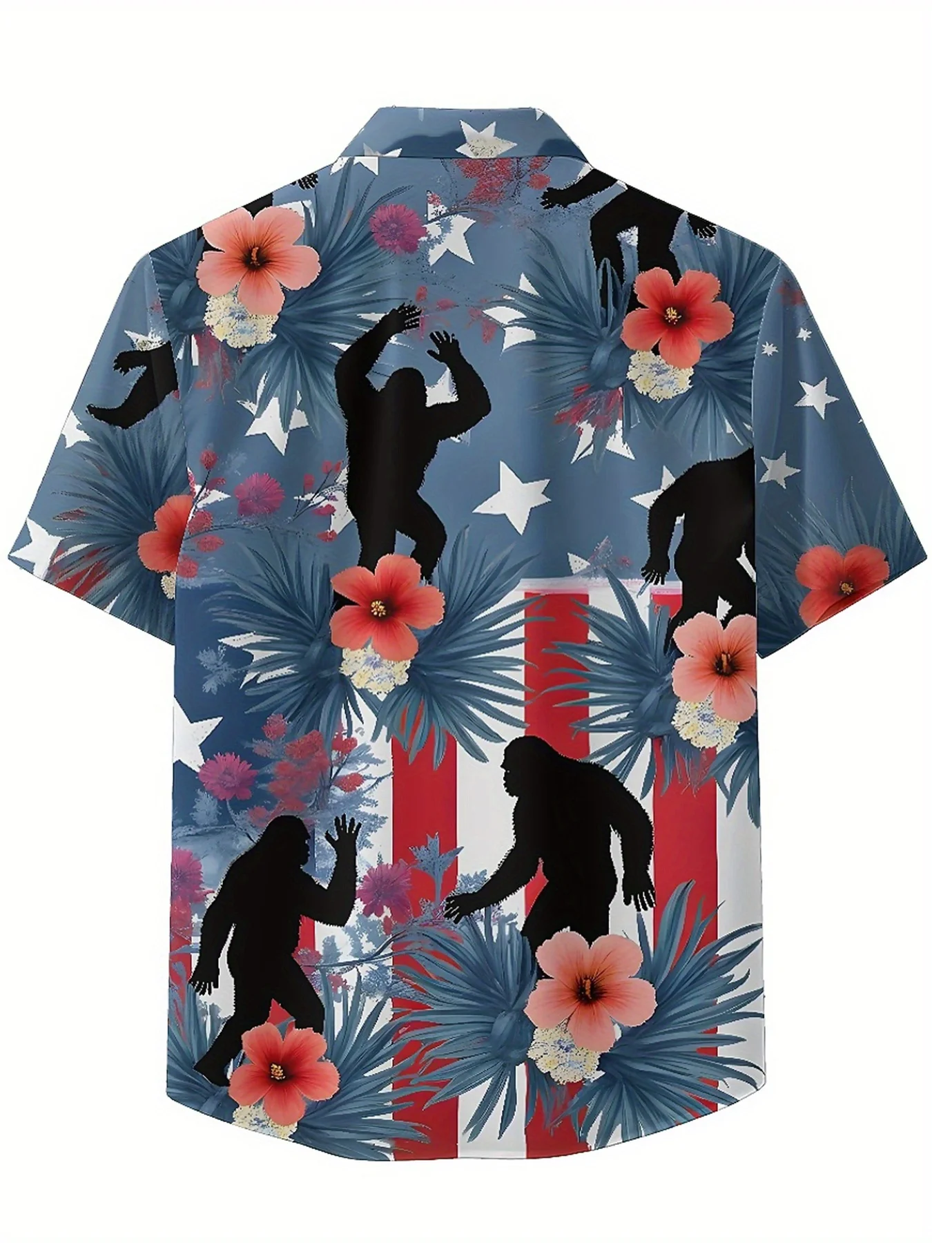 ชายเสื้อฮาวายขนาดบวก Sasquatch บนพื้นหลังของรูปแบบธงชาติอเมริกัน,Baggy Aloha เสื้อ,เสื้อผ้าฤดูร้อน