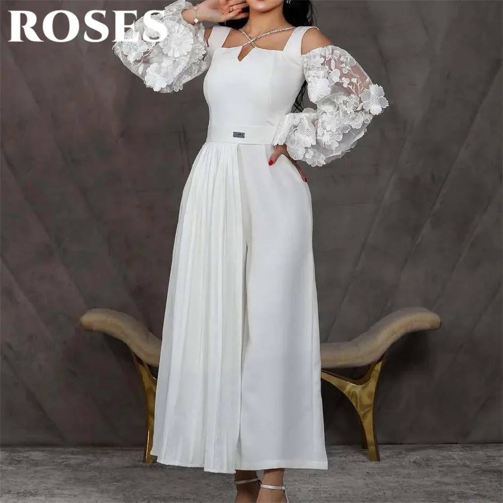 

ROSES Simple White Appliques Long Party Dress Beach Night Dress Puffy Sleeve Flowers Tank Celebrity Dresses for Woman Customized