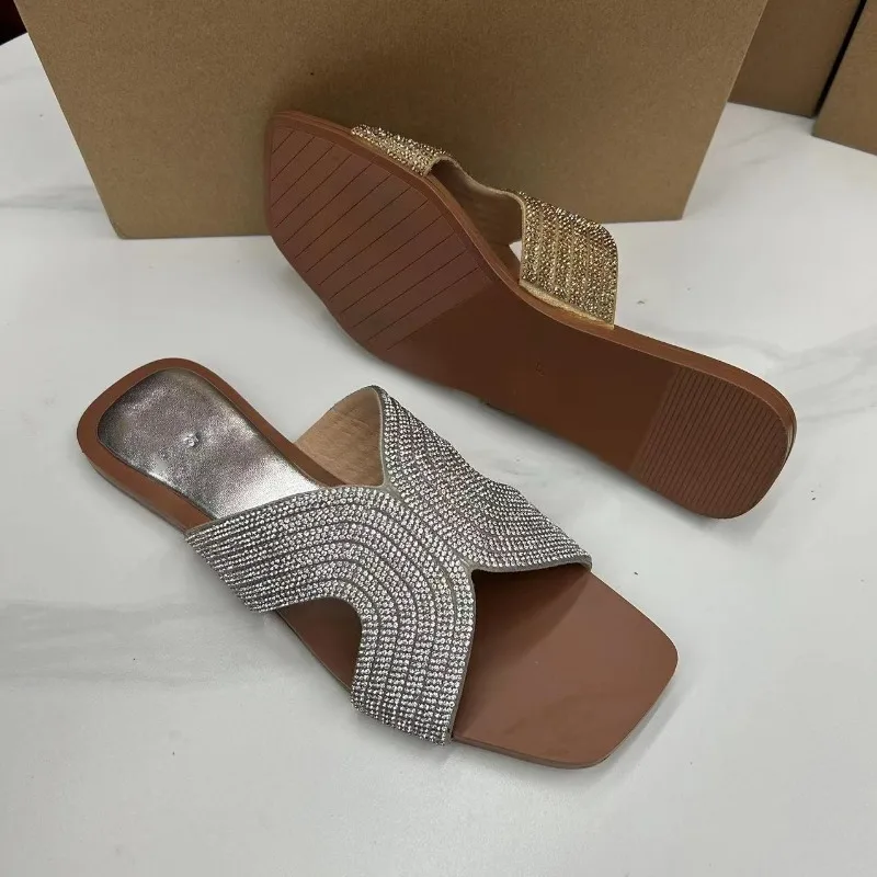 Luxury Crystal Slippers for Women Summer Shoes Fashion Casual Comfortable Bling Designer Chinelos Square Toe Flat Heel Slides