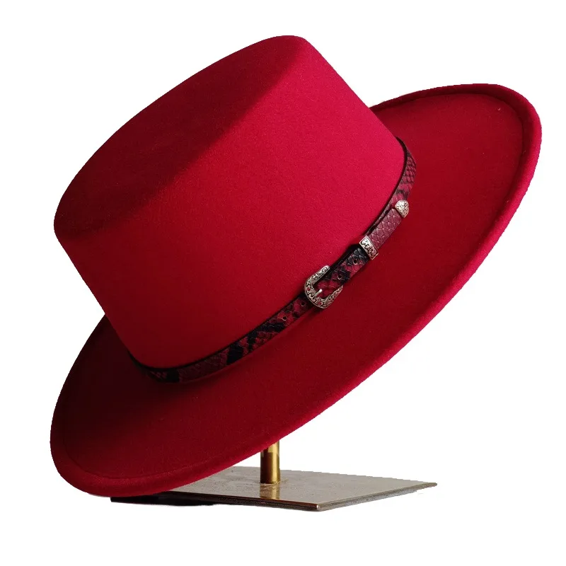 Red Fedora Flat Top Snakeskin Red Felt Hat Men's Jazz Flat Church Hat Women's Hat Men шляпа женская