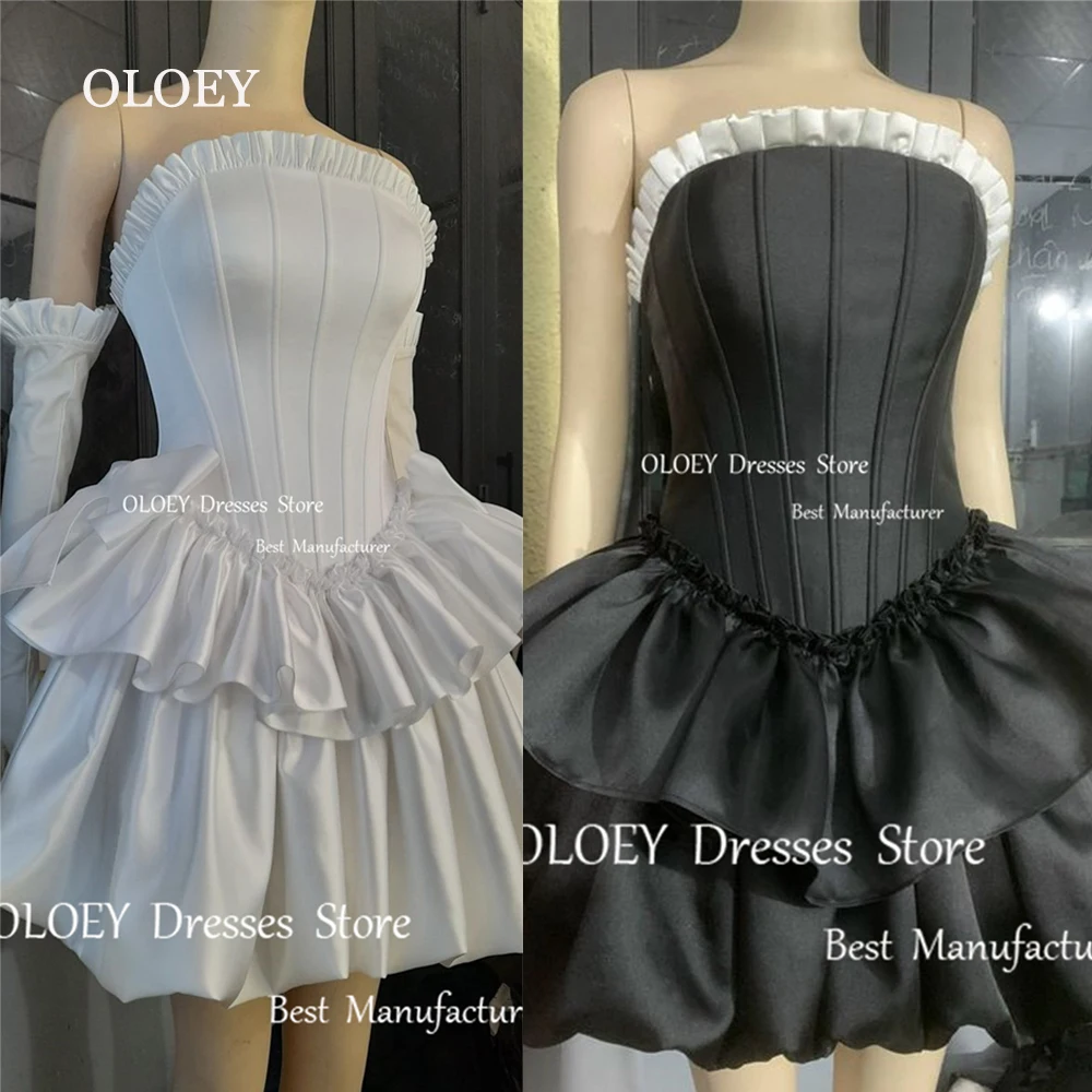 OLOEY Elegant A Line Strapless Short Cocktail Dress With Gloves Ruffles Pleats Satin Black White Wedding Party Dress Custom Prom