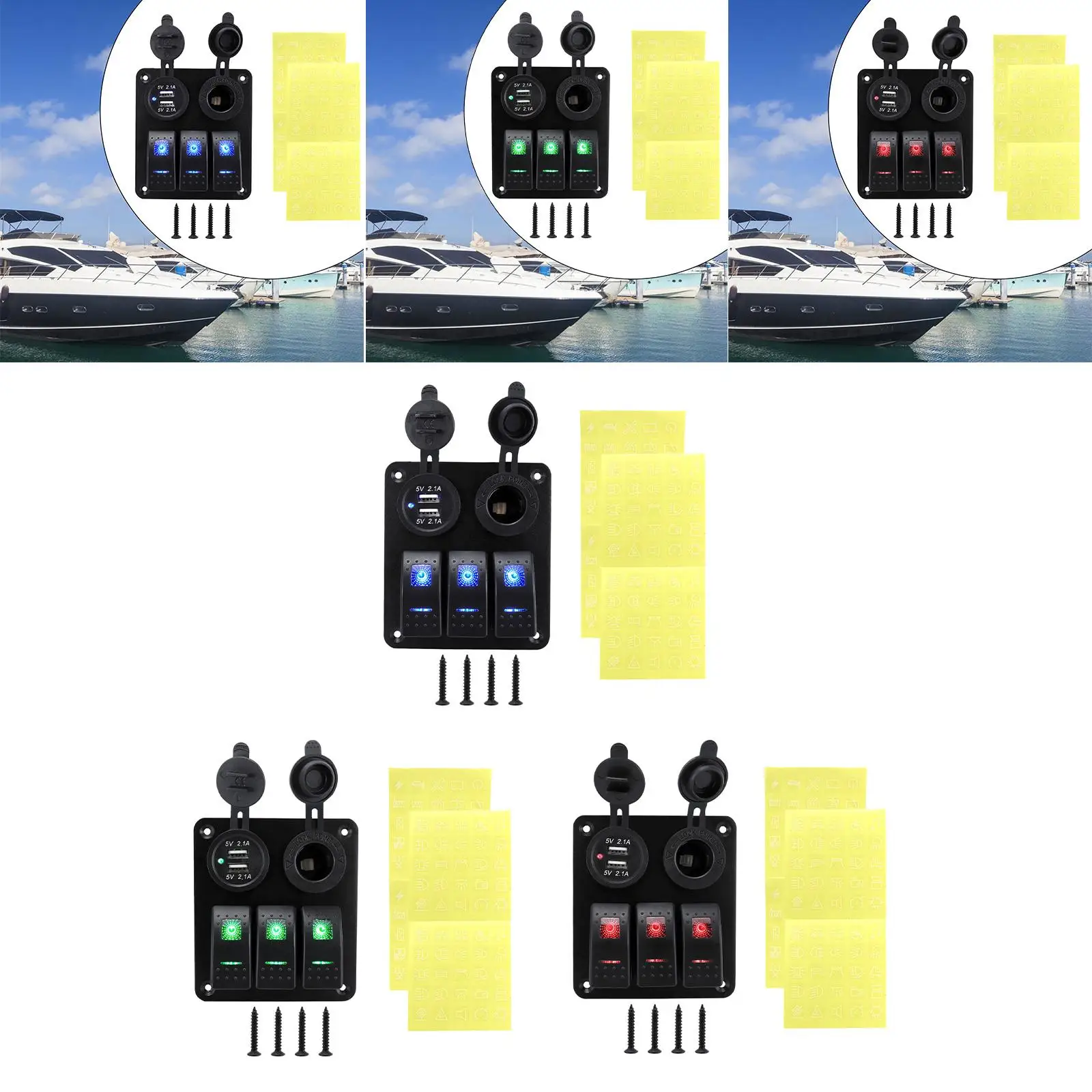 3 Gang Rocker Switch Panel with USB Charger Cigarette Lighter for Car Boat Marine Automotive