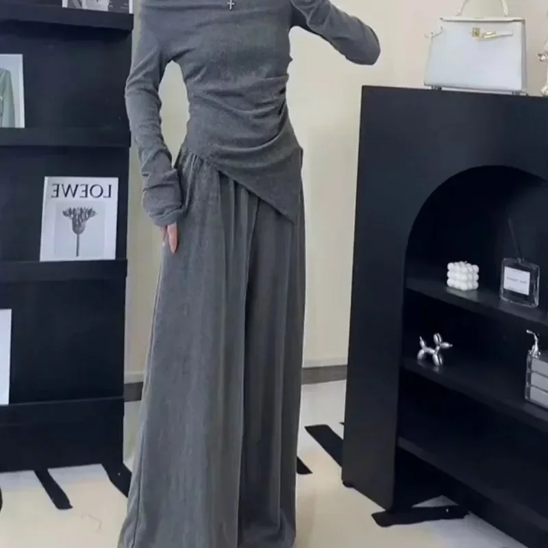 قطعتين مجموعة واحدة الكتف طويلة الأكمام السراويل واسعة الساق شهوة نقية الساخن فتاة الزي بدلة على الموضة النساء الاتجاه غير النظامية