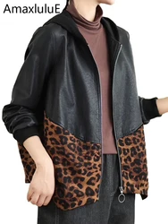 Max LuLu 2024 Herbst Koreanische Damenmode Leopard Mit Kapuze Faux Leder Jacken Lässig Gedruckt PU Mäntel Lose Klassische Oberbekleidung