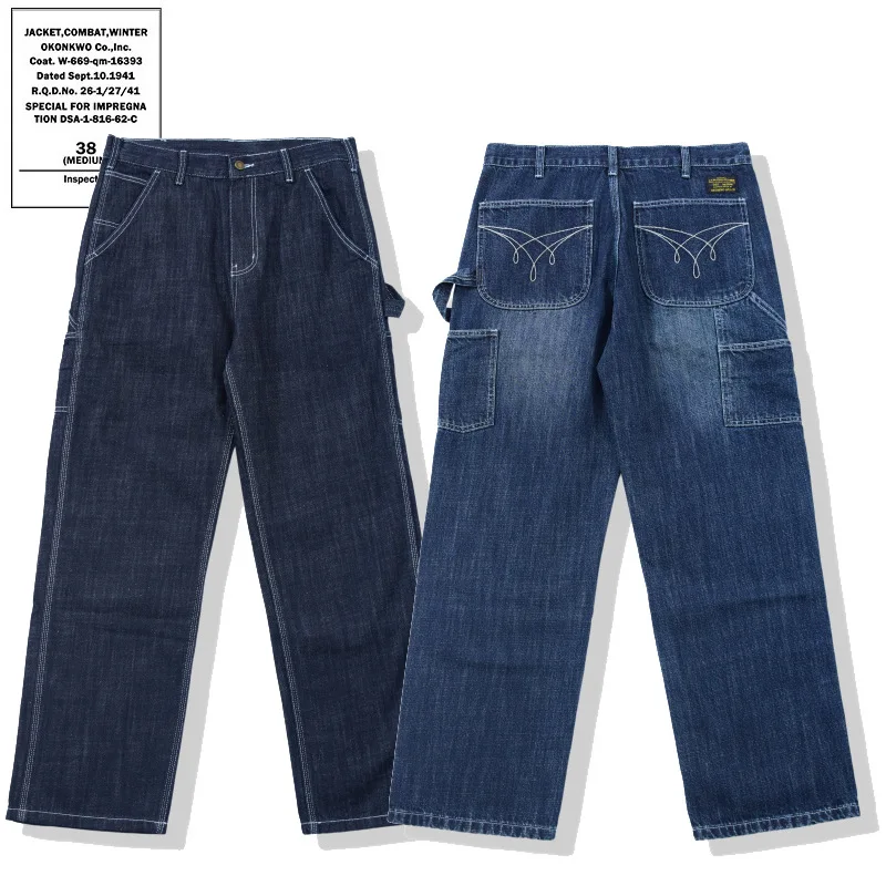 

Джинсы Amekaji с несколькими карманами для спецодежды, джинсы 11,5 унций, 380 г/м2, американские винтажные свободные прямые брюки Konno Konno Streetwear OKONKWO