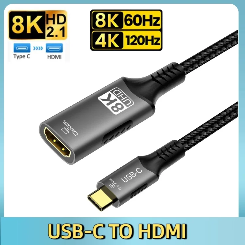 8K@60Hz USB-C To HDMI 2.1 Cable Thunderbolt 4/USB4 Compatible forAir IPad Pro Samsung Galaxy Xiaomi Laptop TV Monitor