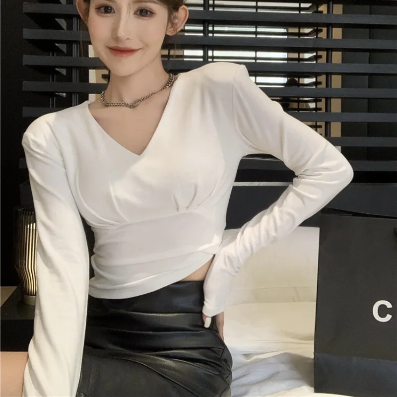 Lange Mouw T-Shirts Vrouwen Herfst Kantoor Dames Temperament V-Hals Crop Tops Effen Innerlijke Casual All-Match Koreaanse Stijl Trendy