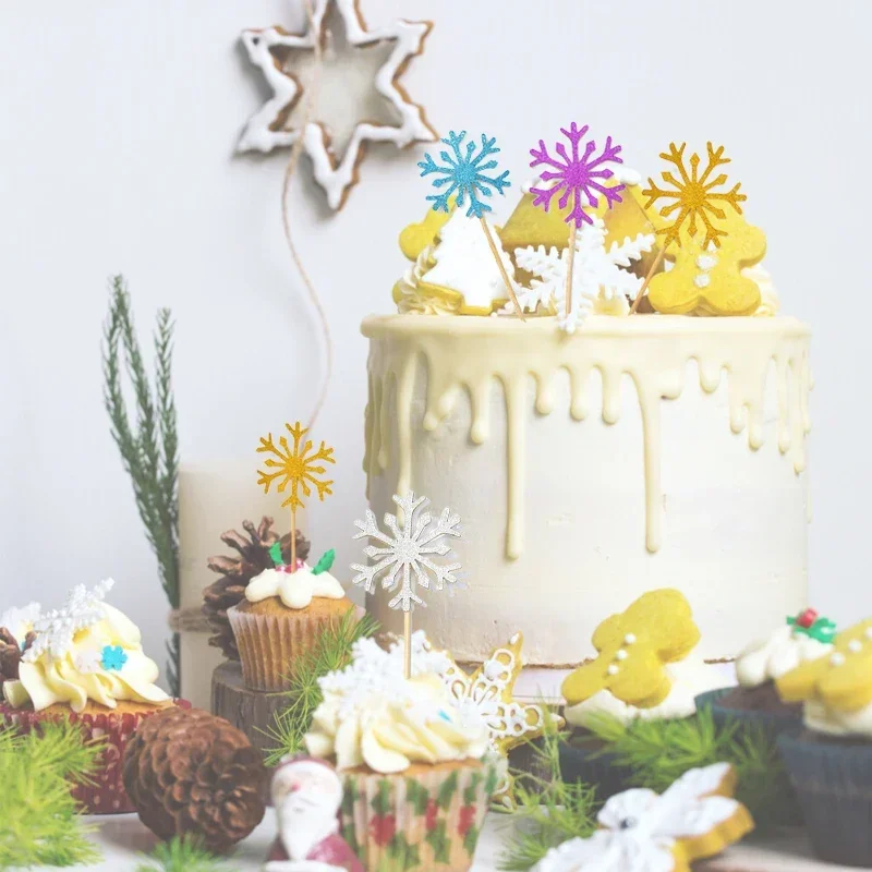 10/20 buah kepingan salju kue Topper Cupcake makanan penutup Glitter perlengkapan dekorasi Baby Shower pesta ulang tahun pernikahan dekorasi kue