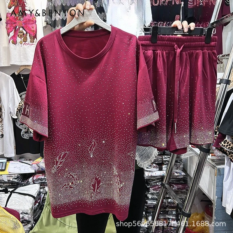 

New American Heavy Industry Rhinestone Leaf Pattern Loose Short Sleeved T-shirt Top + Elastic Waist Wide-leg Shorts 2-pieces Set