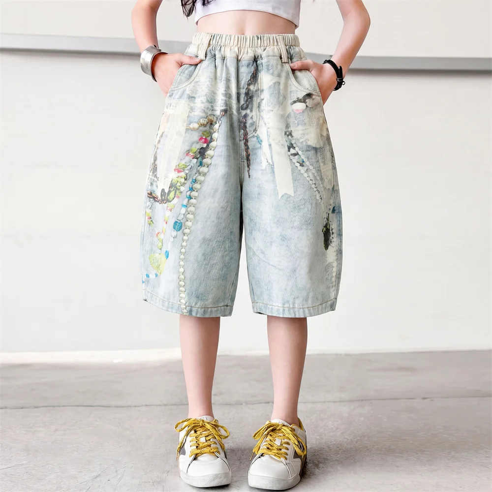 Street Style Children Hip Hop 3D Print Denim Shorts For Teen Girls Capris Pants Kids Teenager Fashion Rap Mid Calf Cropped Jeans