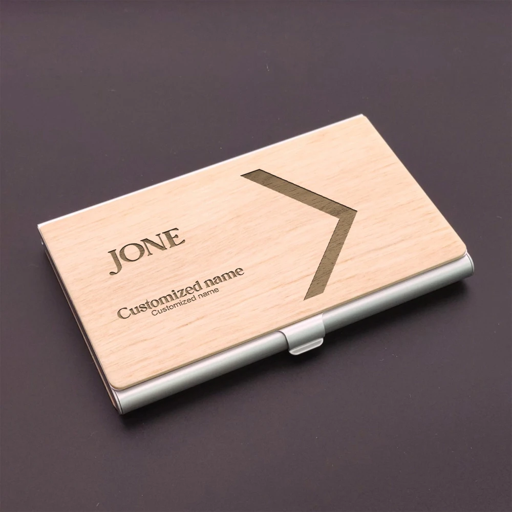 1 portable wooden splicing aluminum alloy business card box, laser engraved custom Christmas customer gift, opening and closing